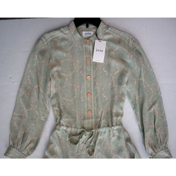 Joie 8902OP00925 Women's Sz M Green/Peach Long Sleeve Silk Romper - Picture 8 of 14